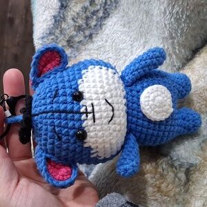 Blue and White Crochet Bear Keychain